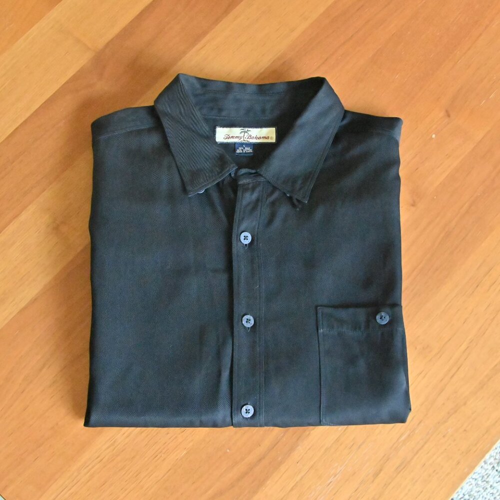 Tommy Bahama Silk Vacation Travel Hawaiian Preppy Resort Summer Black Shirt Sz L